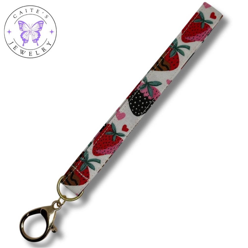 Handmade Gold Keychain with a Chocolate Covered Strawberries Fabric